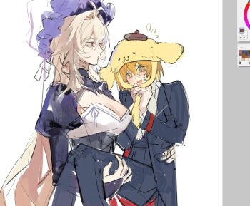 2girls antenna_hair black_coat black_dress blonde_hair blush bonnet breasts character_hat cleavage coat collared_shirt cosplay don_quixote_(project_moon) dress dulcinea_(project_moon) hair_intakes jingshenhuanghu juliet_sleeves large_breasts limbus_company long_hair long_sleeves multiple_girls pompompurin project_moon puffy_sleeves purple_bonnet purple_ribbon red_eyes ribbon sanrio shirt simple_background sparkling_eyes sweat very_long_hair white_background white_hair white_shirt yellow_eyes