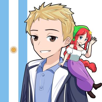 1boy 1girl argentina argentinian_flag blonde_hair blue_eyes blue_jacket blue_shirt boots borrowed_design braid brown_eyes brown_footwear collared_shirt commentary green_scarf grin hair_ornament headscarf highres hong_meiling jacket long_hair mini_person minigirl puffy_short_sleeves puffy_sleeves purple_skirt real_life red_hair scarf shirt short_hair short_sleeves simple_background skirt sleeveless sleeveless_shirt smile star_(symbol) star_hair_ornament touhou very_long_hair white_shirt xen0moonz