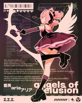 1girl aria_(discordant_note)_(zenless_zone_zero) aria_(zenless_zone_zero) barcode bare_shoulders black_bridal_gauntlets black_hair black_shoes blue_eyes bow_(weapon) bridal_gauntlets character_name cinnie_kinnie closed_mouth commentary copyright_name english_commentary english_text from_side heart highres holding holding_bow_(weapon) holding_weapon leg_up looking_at_viewer multicolored_hair official_alternate_costume pause_button pink_hair quad_tails shoes single_thighhigh smile solo standing standing_on_one_leg thighhighs weapon white_wings wings zenless_zone_zero