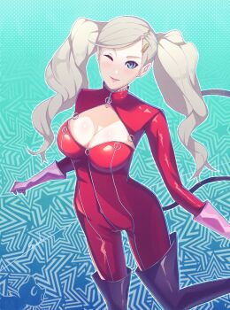 1girl blonde_hair blue_eyes bodysuit boots breasts cat_tail cleavage collarbone commentary corner50777313 earrings english_commentary gloves hair_ornament hairclip highres jewelry large_breasts long_hair looking_at_viewer one_eye_closed panther_(persona_5) parted_lips persona persona_5 red_bodysuit skin_tight solo stud_earrings tail takamaki_anne thigh_boots twintails very_long_hair