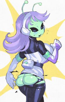 Rule 34 | 1girl, alien, antennae, ass, black eyes, black sclera, breasts, colored sclera, colored skin, commentary, cyber fashion, dress, elbow gloves, english commentary, eyelashes, fanny pack, flying sweatdrops, gloves, green skin, hatching (texture), headphones, highres, inkerton-kun, large breasts, long hair, loyoy (inkerton-kun), open mouth, original, pantyhose, purple hair, solo, sweatdrop, torn clothes, torn pantyhose, turtleneck, wardrobe malfunction