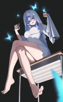 1girl absurdres barefoot blue_butterfly blue_hair breasts bug butterfly commentary_request crossed_legs desk feet hair_between_eyes hands_up highres insect korean_commentary large_breasts long_hair on_desk open_mouth purple_eyes renga0803 school_desk shaded_face sheet_ghost shorekeeper_(wuthering_waves) sitting solo toes wuthering_waves