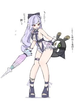 1girl animal_print bangboo_(zenless_zone_zero) bare_shoulders black_bow blush bow bowtie breasts butterfly_print clothing_cutout drill_hair drill_sidelocks flying_sweatdrops frilled_one-piece_swimsuit frilled_wrist_cuffs frills full_body gem gusumandesuyo hair_bow heart_cutout highres holding holding_umbrella long_hair looking_at_another medium_breasts multicolored_umbrella navel official_alternate_costume one-piece_swimsuit open_mouth pink_umbrella pointy_ears purple_bow purple_bowtie purple_gemstone purple_hair red_eyes robin_(zenless_zone_zero) see-through_clothes sideboob_cutout sidelocks simple_background stomach_cutout sweatdrop swimsuit thigh_strap translation_request two-tone_one-piece_swimsuit umbrella vivian_banshee vivian_banshee_(iris_of_the_shore) white_background white_one-piece_swimsuit wrist_cuffs zenless_zone_zero