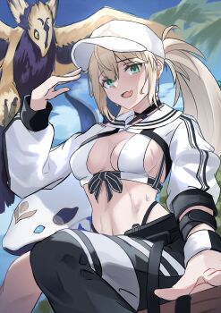 1girl absurdres artoria_caster_(fate) artoria_caster_(swimsuit_berserker)_(first_ascension)_(fate) artoria_pendragon_(fate) asymmetrical_clothes baseball_cap bikini bird black_pants blonde_hair blue_sky blush breasts cleavage commentary_request dolphin fate/grand_order fate_(series) green_eyes hat highres long_hair long_sleeves looking_at_viewer medium_breasts navel pants shrug_(clothing) single_pantsleg sitting sky swimsuit thighs twintails white_bikini white_hat white_shrug yugusan5