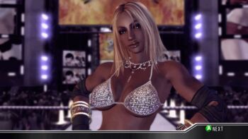 10s 1girl 3d aisha_(rumble_roses) animated animated_gif arena audience bare_shoulders bikini bikini_top_only black_eyeshadow black_gloves blonde_hair blurry blurry_background bouncing_breasts bracelet breasts breathing brown_eyes cleavage dark-skinned_female dark_skin elbow_pads eyeshadow female_focus gameplay_mechanics gif_artifacts gloves hands_on_own_hips head_tilt indoors jewelry jiggle jumbotron konami large_breasts lip_gloss looking_at_viewer looping_animation makeup medium_hair monitor multiple_others necklace rumble_roses rumble_roses_xx sequins solo_focus stage standing swimsuit third-party_edit upper_body victory_pose white_bikini wrestling_outfit wrestling_ring