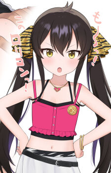 1girl angry black_hair blush camisole crop_top flat_chest heart heart_necklace highres idolmaster idolmaster_cinderella_girls jewelry long_hair looking_at_viewer matoba_risa meis_(terameisu) navel necklace open_mouth skirt twintails yellow_eyes