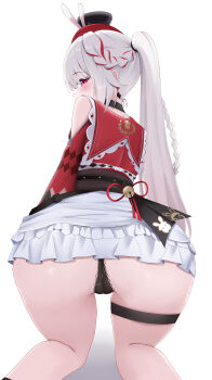 Rule 34 | 1girl, absurdres, ass, ass focus, black hat, black panties, capelet, commentary request, from behind, hat, highres, honkai: star rail, honkai (series), izumiillus, long hair, looking at viewer, mini hat, mini top hat, paid reward available, panties, purple eyes, red capelet, simple background, skirt, solo, sparkle (honkai: star rail), sparxie (honkai: star rail), thigh strap, thighs, top hat, twintails, underwear, very long hair, white background, white hair, white skirt