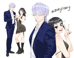 1boy 1girl absurdres black_boots blue_suit boots brown_eyes cocktail_dress commentary_request dress earrings formal_clothes freckles hair_over_one_eye halter_dress halterneck hashtag heart heart_hands high_heel_boots high_heels highres jewelry kdddddddd0 korean_commentary kpop_demon_hunters looking_at_viewer minidress multiple_views mystery_(kpop_demon_hunters) ring shirt smile suit v white_shirt zoey_(kpop_demon_hunters)