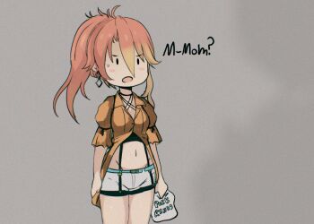 Rule 34 | 1girl, :o, ?, blonde hair, commentary, double-parted bangs, earrings, eiyuu densetsu, english commentary, english text, grey background, hair between eyes, hair bun, jewelry, judith lanster, kai no kiseki, kuro no kiseki (series), long single sidelock, midriff, multicolored hair, navel, open mouth, partially unbuttoned, pink hair, ponytail, puffy short sleeves, puffy sleeves, short sleeves, shorts, simple background, single side bun, solo, stormowl0, streaked hair, sweatdrop, two-tone hair, upper body