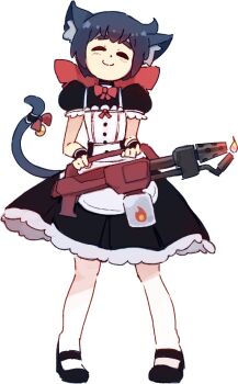 Rule 34 | 1girl, 2020, ^ ^, animal ear fluff, animal ears, bell, black dress, black hair, black shoes, black tail, bow, cat ears, cat girl, cat tail, closed eyes, closed mouth, constanze amalie von braunschbank-albrechtsberger, dress, female focus, fire, flamethrower, holding, holding flamethrower, holding weapon, kemonomimi mode, little witch academia, maid, pantyhose, red bow, rtil, shoes, short hair, simple background, smile, solo, tail, tail bell, tail bow, tail ornament, weapon, white background, white pantyhose