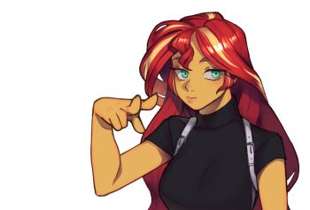 Rule 34 | 1girl, 3:, aqua eyes, arm at side, bare arms, black shirt, blonde hair, breasts, closed mouth, commentary request, double-parted bangs, expressionless, hair between eyes, hand up, highres, ikirunosindo, jitome, lips, long hair, looking at viewer, lower eyelashes only, medium breasts, multicolored hair, my little pony, my little pony: equestria girls, my little pony: friendship is magic, pointing, pointing at viewer, red hair, shirt, short sleeves, simple background, solo, streaked hair, sunset shimmer, sunset shimmer (human), thick eyebrows, turtleneck, turtleneck shirt, two-tone hair, upper body, v, very long hair, white background