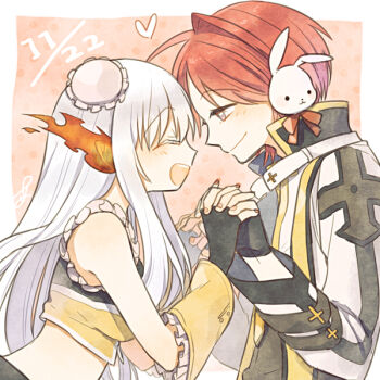 1boy 1girl arch_bishop_(ragnarok_online) ark_kan black_gloves black_shirt blush border breasts bun_cover bunny_headphones closed_eyes closed_mouth coat commentary_request couple crop_top dated fingerless_gloves fire flaming_ears frilled_gloves frilled_shirt frills gloves hair_between_eyes headphones heart hetero holding_hands interlocked_fingers long_hair long_sleeves looking_at_another medium_breasts open_mouth outside_border pink_background ragnarok_online red_eyes red_hair shirt short_hair sleeveless sleeveless_shirt smile sniper_(ragnarok_online) two-tone_gloves two-tone_shirt upper_body white_border white_coat white_hair yellow_gloves yellow_shirt