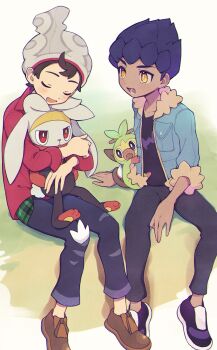 2boys :d beanie black_pants black_shirt blue_jacket blush brown_footwear brown_hair cable_knit closed_eyes dark-skinned_male dark_skin denim fur-trimmed_jacket fur_trim gen_8_pokemon grey_headwear grookey hat highres holding holding_pokemon hop_(pokemon) jacket jeans lower_teeth_only male_focus multiple_boys nintendo open_mouth pants plaid pokemon pokemon_(creature) pokemon_swsh purple_hair raboot red_shirt shirt shoes short_hair sitting sleeves_rolled_up smile teeth tongue torn_clothes torn_jeans torn_pants victor_(pokemon) yamunashi yellow_eyes |d