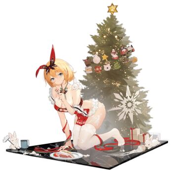 1girl :3 all_fours arm_ribbon backless_outfit bell bent_over blonde_hair blue_eyes blush breasts cake christmas_tree cleavage_cutout clothing_cutout cream_on_body cream_on_breasts eating food fork full_body gift girls'_frontline hair_between_eyes hair_ribbon hairband heart_cutout highres holding holding_fork kneeling leg_ribbon m1911_(girls'_frontline) m1911_(sweetheart_bunny_chef)_(girls'_frontline) medium_breasts medium_hair neck_bell no_bra no_panties official_art orange_hair rabbit red_ribbon ribbon skindentation smile solo strap_slip thighhighs thighs
