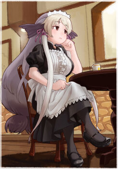 1girl absurdres alternate_costume apron black_dress black_pantyhose black_shoes blonde_hair blush brown_eyes center_frills chair collar crossed_legs cup dress enmaided fins frilled_apron frilled_collar frills grey_hair hair_between_eyes hair_tie hashtag-only_commentary head_fins high_collar highres japari_symbol kemono_friends kemono_friends_3 long_hair maid maid_apron maid_headdress multicolored_hair pantyhose puffy_short_sleeves puffy_sleeves shoes short_sleeves sidelocks sitting solo table teacup toriny walrus_(kemono_friends) walrus_girl white_apron white_hair
