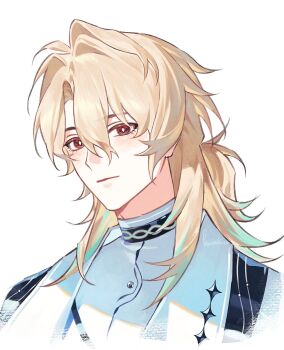 1boy blonde_hair closed_mouth coat commentary english_commentary hair_between_eyes highres horionline long_hair looking_at_viewer luuk_herssen_(wuthering_waves) male_focus multicolored_hair portrait red_eyes shirt signature solo streaked_hair white_coat white_shirt wuthering_waves