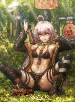 1girl ahoge asymmetrical_legwear bikini black_bikini black_shorts black_thighhighs boots breasts c96_(girls&#039;_frontline) c96_(mod3)_(girls&#039;_frontline) commentary dappled_sunlight detached_collar english_commentary eyewear_around_neck full_body girls&#039;_frontline grass grin gun hair_ornament handgun highleg highleg_bikini highres holding holding_gun holding_weapon jacket jhands_onpc long_hair looking_at_viewer mauser_c96 mismatched_legwear navel necktie open_clothes open_jacket outdoors safety_glasses short_hair shorts shoulder_stock sitting small_breasts smile solo spread_legs striped_clothes striped_thighhighs sunlight swimsuit thighhighs weapon