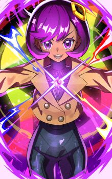 1girl bodysuit dark-skinned_female dark_skin emma_(pokemon) gloves highres inana_umi jacket looking_at_viewer mega_stone nintendo pokemon pokemon_legends:_z-a purple_eyes teeth upper_teeth_only