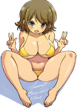 Rule 34 | 1girl, animal crossing, barefoot, bikini, blush, breasts, brown hair, cleavage, collarbone, double v, grey eyes, highres, large breasts, looking at viewer, micro bikini, milestone celebration, muramasa mikado, murana (muramasa mikado), navel, nintendo, open mouth, original, short hair, sitting, smile, spread legs, swimsuit, thank you, underboob, v, villager (animal crossing), white background, yellow bikini