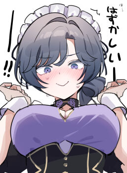 1girl black_dress black_hair blush braid braided_sidelocks breasts chinese_clothes chinese_knot cleavage_cutout clothing_cutout collar detached_sleeves dress embarrassed fishnet_gloves fishnets frills from_below gloves highres kisara_(maid)_(nijisanji) kisara_(nijisanji) large_breasts maid maid_headdress nape_braid nijisanji purple_eyes qi_maid ribbon solo sweat upper_body virtual_youtuber waka_(wk4444) white_background