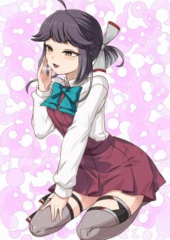 1girl ahoge aqua_bow aqua_bowtie blue_bow blue_bowtie bow bowtie clover_background commentary_request dress grey_hair grey_thighhighs hair_over_eyes hair_ribbon hayanami_(kancolle) highres kanmiya_shinobu kantai_collection long_hair long_sleeves open_mouth pink_background pleated_dress ponytail purple_dress purple_hair ribbon school_uniform seamed_legwear shirt short_hair side_ponytail sitting solo thighhighs wariza white_ribbon white_shirt yellow_eyes