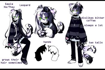 1boy absurdres animal_ears animal_hands black_hair black_pants black_shirt closed_mouth cloud_(lufaeris) commentary english_commentary furry furry_male green_eyes hair_between_eyes highres leopard_ears leopard_tail long_hair looking_at_viewer male_focus multicolored_hair multiple_tails multiple_views original pants shirt simple_background split-color_hair striped_clothes striped_shirt tail two-tone_hair two_tails white_background white_hair