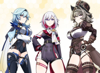 3girls black_bodysuit black_shorts black_thighhighs blue_hair bodysuit breasts brown_corset brown_hair brown_thighhighs colored_inner_hair commentary_request company_connection corset eula_(genshin_impact) genshin_impact grey_eyes hair_intakes hand_on_own_hip hat honkai:_star_rail honkai_(series) honkai_impact_3rd large_breasts long_hair looking_at_viewer medium_hair mihoyo multicolored_hair multiple_girls nabeiro_kin red_hair revision short_hair short_shorts shorts simple_background thighhighs thighs top_hat topaz_(honkai:_star_rail) two-tone_hair vill-v white_hair yellow_background yellow_eyes zettai_ryouiki