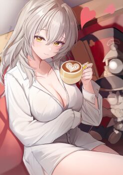 1girl 1other absurdres alternate_costume closed_mouth collared_shirt commentary cup grey_hair hair_between_eyes heart highres holding holding_cup honkai:_star_rail honkai_(series) kebi_(soo_owl) long_hair long_sleeves looking_at_viewer mug no_pants partially_open_shirt pom-pom_(honkai:_star_rail) shirt sitting smile stelle_(honkai:_star_rail) trailblazer_(honkai:_star_rail) white_shirt yellow_eyes