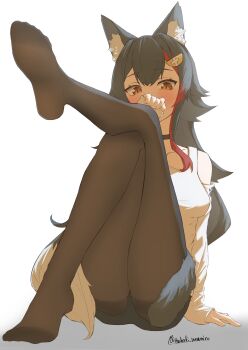 1girl animal_ear_fluff animal_ears artist_name black_choker breasts brown_eyes brown_pantyhose choker clothing_cutout collarbone covering_own_mouth crossed_bangs eyelashes feet hair_between_eyes hair_ornament hand_over_own_mouth hand_up hashtag-only_commentary highres hololive knees_together_feet_apart legs long_hair long_sleeves looking_at_viewer medium_breasts multicolored_hair no_shoes ookami_mio pantyhose pantyhose_under_shorts shirt shorts shoulder_cutout sleeves_past_wrists soles solo streaked_hair tail thighband_pantyhose thighs tsubaki_nanairo twitter_username very_long_hair virtual_youtuber white_background white_shirt wolf_ears wolf_girl wolf_tail