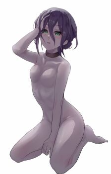 Rule 34 | 1girl, black choker, black hair, breasts, chainsaw man, choker, commentary request, green eyes, hair between eyes, hand on own head, no nipples, nude, open mouth, reze (chainsaw man), seiza, simple background, sitting, small breasts, solo, white background, zasyuu 11