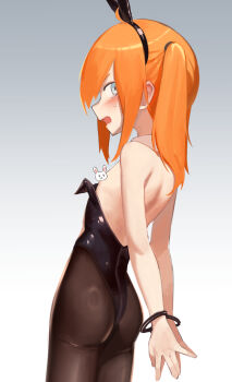 1girl absurdres animal_ears arms_behind_back ass back backless_leotard bare_back bare_shoulders bdsm black_leotard black_pantyhose blue_eyes blush bondage bound censored censored_nipples clothes_pull collar cowboy_shot crying crying_with_eyes_open detached_collar embarrassed fake_animal_ears female_focus flat_chest from_behind from_below grey_background highleg highleg_leotard highres kahnapuf leotard leotard_pull loli long_hair looking_at_viewer looking_back open_mouth orange_hair original pantyhose playboy_bunny profile rabbit_ears scared simple_background solo strapless strapless_leotard tears twintails two-tone_background white_background white_collar