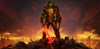 absurdres apocalypse arm_blade armor bad_anatomy bad_ass biceps corpse crucible_(doom) demon doom_(series) doom_eternal doomguy dual_wielding energy_sword glowing glowing_sword glowing_weapon hell helmet highres holding imp_(doom) khan_maykr looking_at_viewer male_focus manly official_art official_wallpaper photoshop_(medium) pile_of_corpses praetor_suit red_sky ruins shoulder_cannon sky solo_focus space_marine sword weapon zombie