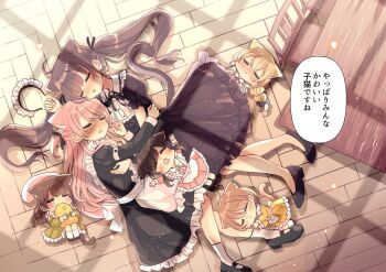 Rule 34 | 6+girls, animal ear fluff, animal ears, apron, black bow, black dress, black shoes, blue bow, blue dress, blush, bow, braid, brown hair, cat ears, cat girl, cat tail, chair, chibi, closed eyes, dress, frilled dress, frills, from above, fushigi na neko no machi meltier, fuu (fushigi na neko no machi meltier), green dress, hair bow, hair over shoulder, haru (fushigi na neko no machi meltier), headdress removed, highres, hime (fushigi na neko no machi meltier), layered sleeves, long hair, long sleeves, low twintails, lying, maid, maid apron, maid headdress, mini person, minigirl, moco (fushigi na neko no machi meltier), multiple girls, naa (fushigi na neko no machi meltier), nagi (fushigi na neko no machi meltier), nose blush, on back, on floor, on side, open mouth, parted lips, pink dress, pink hair, pleated dress, puffy short sleeves, puffy sleeves, rucora (fushigi na neko no machi meltier), sakura oriko, shoes, short over long sleeves, short sleeves, single braid, sleeping, socks, table, tail, translation request, twintails, two side up, very long hair, white socks, wooden floor, yellow dress