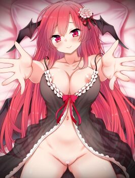 Rule 34 | 1girl, areola slip, babydoll, bare shoulders, bed, black babydoll, black ribbon, black wings, blush, breasts, censored, closed mouth, collarbone, commentary request, commission, flower, foreshortening, hair flower, hair ornament, hair ribbon, head tilt, head wings, heart, heart censor, highres, koakuma, large breasts, long hair, looking at viewer, lying, navel, on back, outstretched arms, pillow, pixiv commission, pussy, red eyes, red hair, ribbon, see-through clothes, smile, solo, spaghetti strap, strap gap, tori (minamopa), touhou, very long hair, wings
