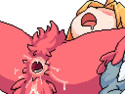 Rule 34 | 1girl, aftersex, ahoge, akai (ugokashitari), animated, animated gif, bird legs, bird tail, blonde hair, blush, cloaca, commentary request, cum in cloaca, feathers, harpy, harpy (akai), long hair, monster girl, open mouth, original, pixel art, red feathers, saliva, simple background, tail, talons, twitching cloaca, uncensored, white background