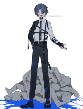 Rule 34 | 1boy, belt, black gloves, black jacket, black nails, black pants, black shoes, blood, blood on clothes, blood on face, blue blood, blue hair, blue socks, bridal gauntlets, closed eyes, collared shirt, commentary, corpse, facing viewer, gloves, half-jacket, hand in pocket, hand up, harness, highres, jacket, koyanagi rou, koyanagi rou (4th costume), male focus, multiple belts, nail polish, nana72710193, nijisanji, open mouth, pants, pile of corpses, shirt, shoes, short hair, simple background, smile, socks, solo, twitter username, virtual youtuber, white background, white shirt