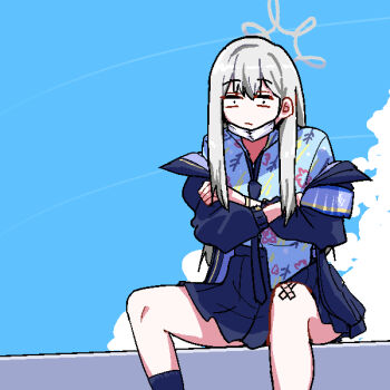 Rule 34 | 1girl, armband, blue archive, blue armband, blue jacket, blue necktie, blue shirt, blue skirt, blue sky, closed mouth, crossed arms, dot pupils, grey hair, halo, hawaiian shirt, jacket, konoka (blue archive), looking at viewer, mask, mask pull, meetnox, mouth mask, necktie, off shoulder, shirt, sitting, skirt, sky, solo, upper body, white mask