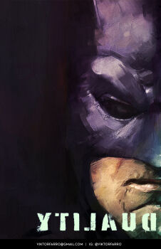 1boy abstract_background absurdres artist_name backwards_text batman batman_(series) black_background bodysuit bruce_wayne close-up comic_cover commentary company_logo cowl dc_comics email_address english_commentary english_text grey_bodysuit highres instagram_username juxtaposition logo looking_at_viewer male_focus mask polar_opposites portrait signature solo split_crop superhero_costume symmetry taut_bodysuit thumbnail_collage viktor_farro western_comics_(style)