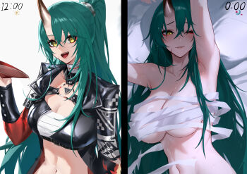 1girl :d absurdres anming arknights armpits black_jacket breasts chest_sarashi cup green_hair highres horns hoshiguma_(arknights) hoshiguma_the_breacher_(arknights) jacket large_breasts long_hair long_sleeves multiple_views nude one_eye_closed open_mouth ponytail sakazuki sarashi single_horn smile sweat yellow_eyes