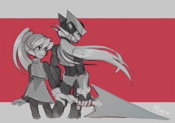 1girl armor black_armor black_bodysuit bodysuit ciel_(mega_man) dynamic_pose gloves grey_eyes hair_between_eyes highres holding holding_sword holding_weapon light_smile long_hair looking_at_another mega_man_(series) mega_man_zero_(series) milaisadoodles partially_shaded_face red_eyes robot serious sword upper_body very_long_hair weapon white_gloves zero_(mega_man)