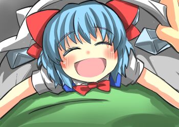 1girl bed_sheet blue_hair bow cirno commentary gaoo_(frpjx283) hair_bow hug looking_at_viewer pov pov_hug red_bow simple_background smile touhou wings