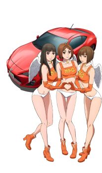 3girls absurdres angel_wings ass bikini breasts car collar crop_top elbow_gloves gloves highres kurihara_kyoko makeup medium_breasts mf_ghost motor_vehicle multiple_girls official_art panties race_queen saionji_ren sato_mami solo swimsuit toyota toyota_86 underwear white_panties wings
