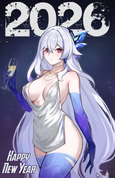 1girl 2026 absurdres bare_shoulders blush breasts cleavage commentary cup dress drinking_glass earrings english_commentary genshin_impact hair_ornament happy_new_year highres hioyami jewelry large_breasts long_hair looking_at_viewer necklace new_year red_eyes short_dress skirk_(genshin_impact) solo thighs white_dress white_hair
