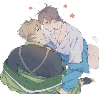 2boys after_kiss ahoge ass black_gloves black_shirt blonde_hair blue_jacket blush bottomless brown_eyes brown_hair collarbone collared_shirt crystal_necklace eiden_(nu_carnival) eye_contact fingerless_gloves flower gloves green_jacket jacket jacket_partially_removed jewelry looking_at_another male_focus multiple_boys necklace nu_carnival off_shoulder open_clothes open_collar open_jacket open_mouth orange_eyes owner_bird pectoral_cleavage pectorals profile quincy_(nu_carnival) shirt short_hair simple_background sitting smile suspenders tongue tongue_out watch white_background white_shirt wristwatch yaoi zipper