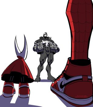 1girl 1other 2boys abs animal_print barefoot best_shortcut black_jacket black_skin bodysuit cape colored_skin commentary english_commentary grin hands_in_pockets highres hollow_knight hornet_(hollow_knight) jacket jewelry knight_(hollow_knight) male_focus marvel multiple_boys muscular muscular_male nike_(company) nike_air_force_1 open_clothes open_jacket pectorals peter_parker print_jacket red_bodysuit red_cape red_shoes shadow sharp_teeth shoes size_difference smile sneakers spider-man spider-man_(series) spider_print spider_web_print standing superhero_costume teeth venom_(marvel) white_background white_mask