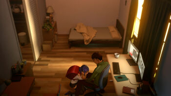 1boy 1girl as109 backpack bag bare_shoulders black_skirt black_thighhighs blue_hair blush brother_and_sister brown_hair chair closed_mouth computer crime_prevention_buzzer desk flat_chest from_above green_jacket hair_ornament hairclip hand_on_own_chest hand_up highres indoors jacket computer_keyboard kneeling loli long_sleeves looking_at_another monitor computer_mouse mousepad_(object) office_chair on_chair original pink_eyes pleated_skirt randoseru red_bag sandals shirt short_hair siblings sitting skirt smile swivel_chair thighhighs track_jacket white_shirt wooden_floor