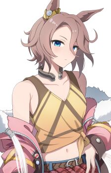 1girl absurdres animal_ears belt blue_eyes brown_belt brown_hair collarbone fur-trimmed_jacket fur_trim hair_between_eyes highres horse_ears horse_girl jacket looking_at_viewer midriff narita_taishin_(nevertheless)_(umamusume) narita_taishin_(umamusume) navel pink_jacket shirt solo umamusume y_k_(user_maxh5525) yellow_shirt