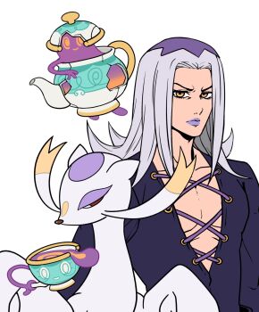 Rule 34 | 1boy, brown eyes, commentary, criss-cross straps, crossover, gen 5 pokemon, gen 8 pokemon, grey hair, hashtag-only commentary, highres, jojo no kimyou na bouken, kabutom ue shi, leone abbacchio, long hair, male focus, mienshao, nintendo, pectorals, pokemon, pokemon (creature), polteageist, purple lips, serious, sinistea, vento aureo, very long hair