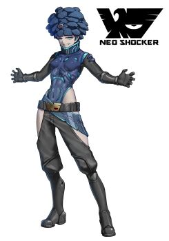 Rule 34 | 1girl, aokabijin, belt, belt buckle, black belt, black bodysuit, black boots, black pants, blue eyes, blue leotard, bodysuit, boots, buckle, clenched teeth, clothing cutout, colored skin, commentary, covered navel, earpiece, eidenjyou1997, emblem, english commentary, evil grin, evil smile, full body, genderswap, genderswap (mtf), grey skin, grin, highres, hip vent, impossible clothes, kamen rider, knee boots, leotard, looking at viewer, monster girl, neo kamen rider, pants, shocker (kamen rider), simple background, smile, solo, standing, teeth, white background