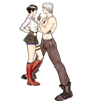 Rule 34 | 1boy, 1girl, assertive female, black hair, boots, commentary, cyanorhis, dante (devil may cry), devil may cry (series), english commentary, highres, lady (devil may cry), red boots, shirt, size difference, striped clothes, striped shirt, toned, topless male, white hair